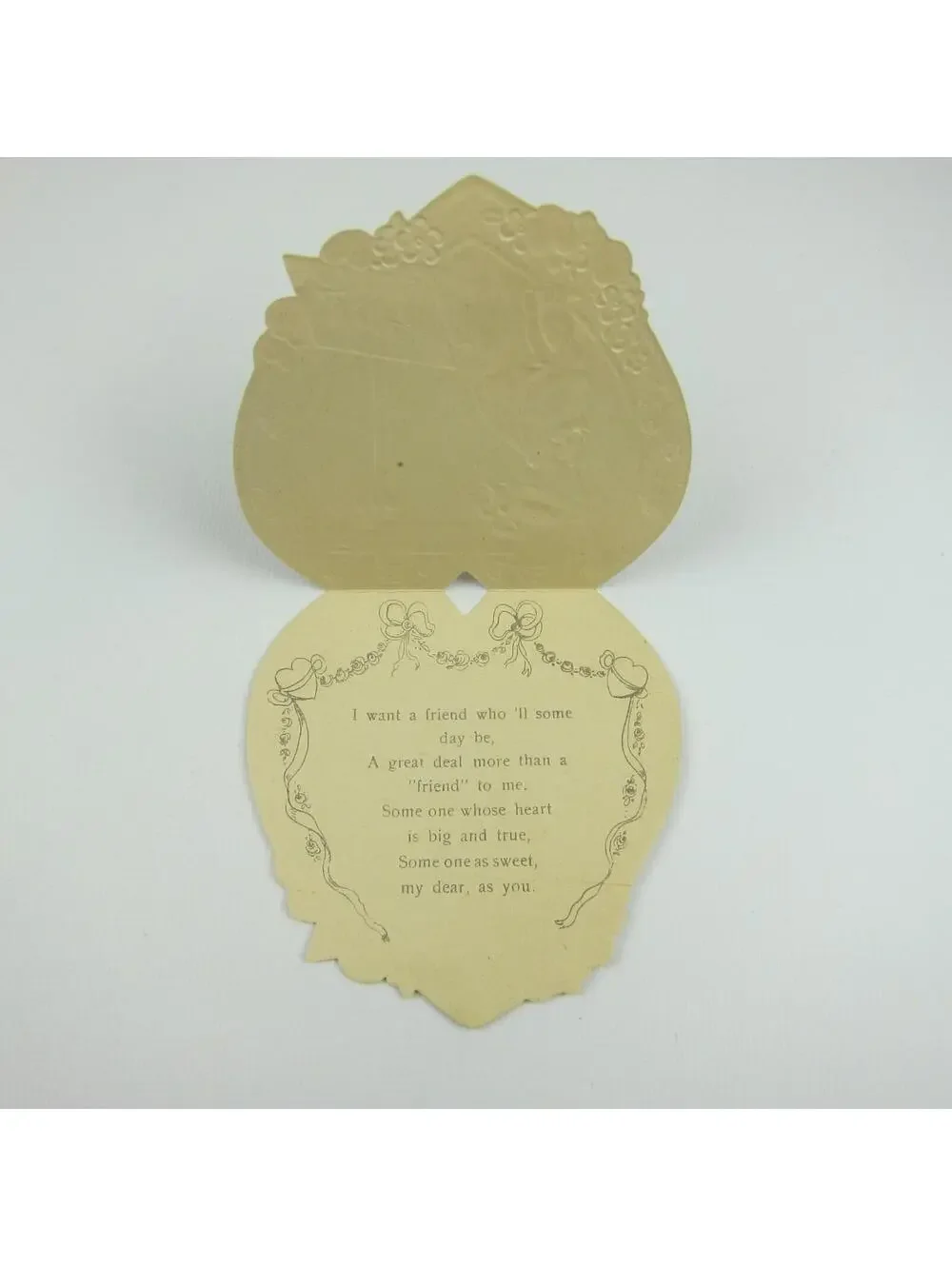 Vintage Valentine Card Die cut Girl Red Dress Blue Yellow Flowers Gold UNSIGNED